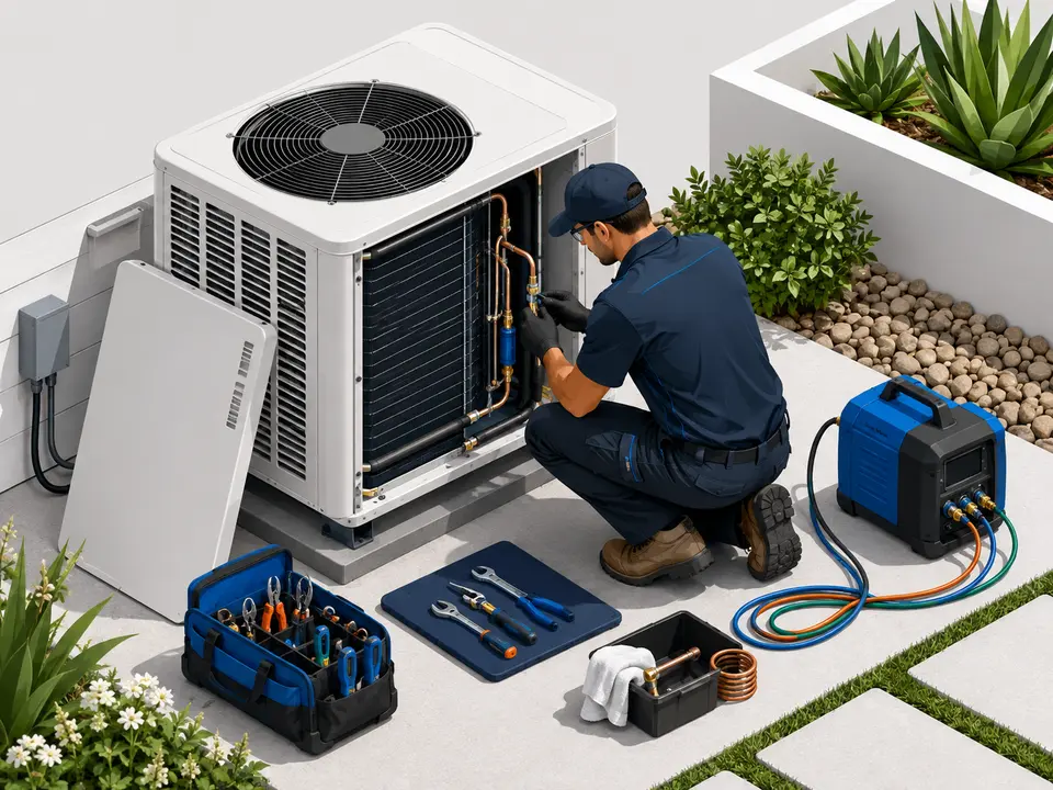 Technician repairing a condenser coil refrigerant leak