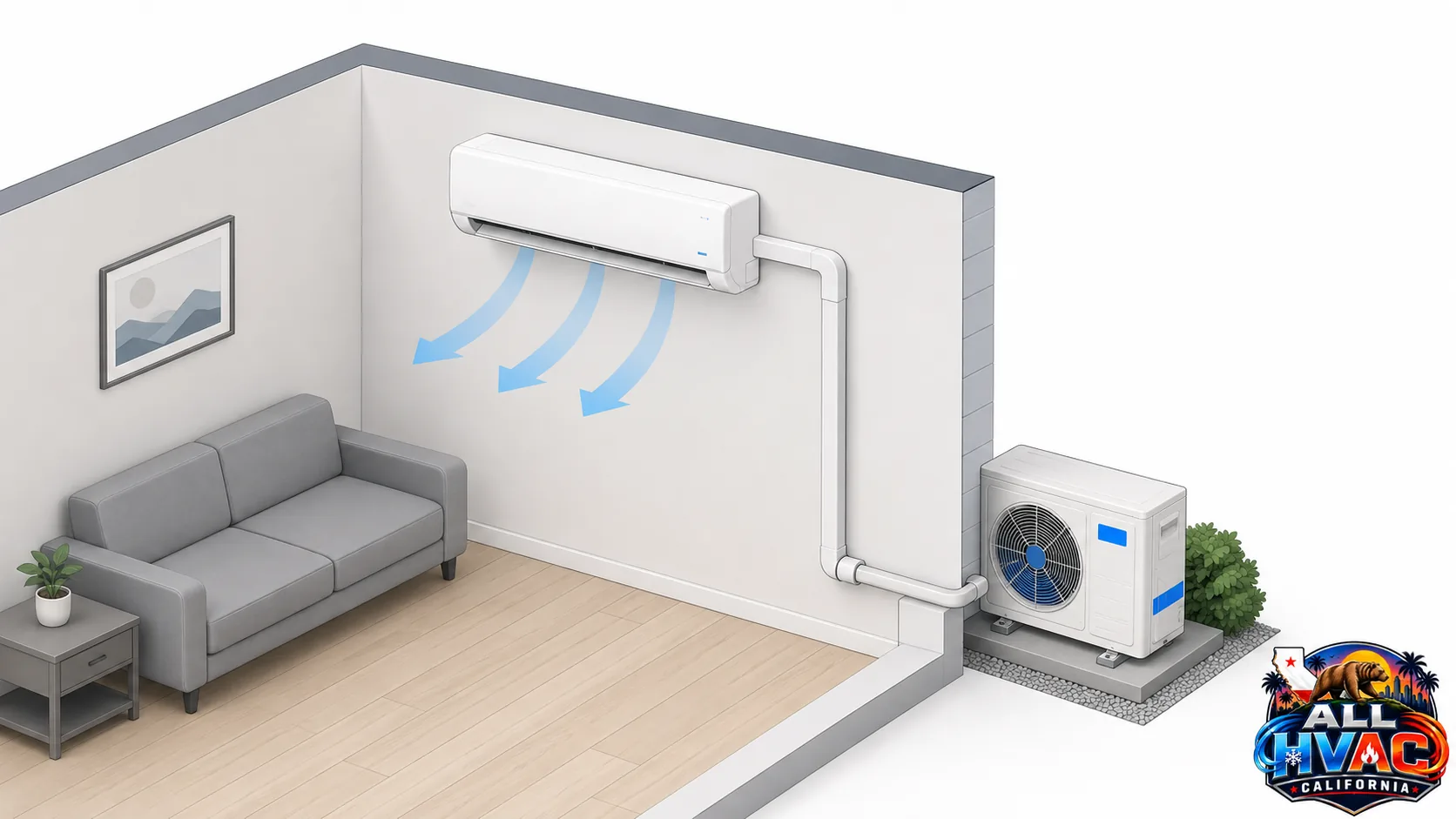 Ductless mini split air conditioner with indoor wall head and outdoor condenser unit