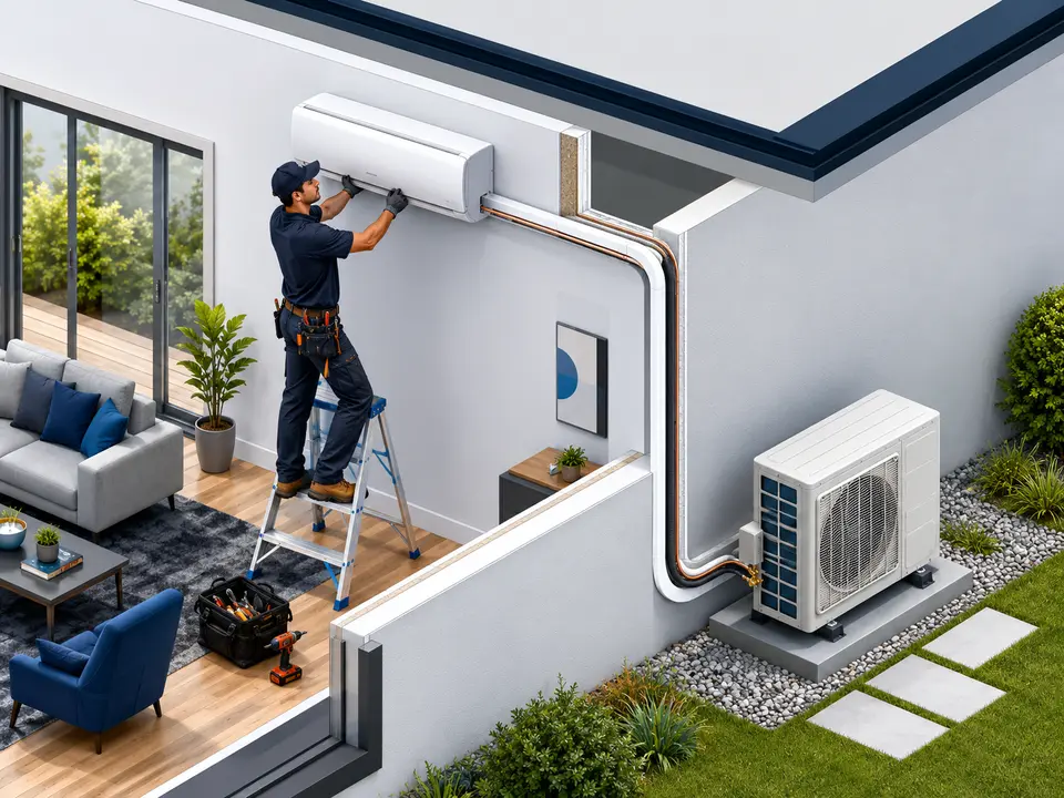 Technician installing a wall-mounted ductless mini split in a California home