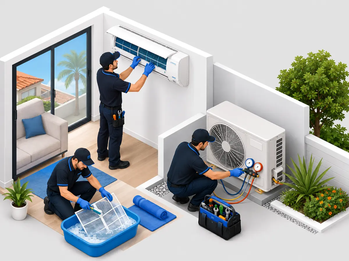 Technicians performing ductless mini split repair and maintenance