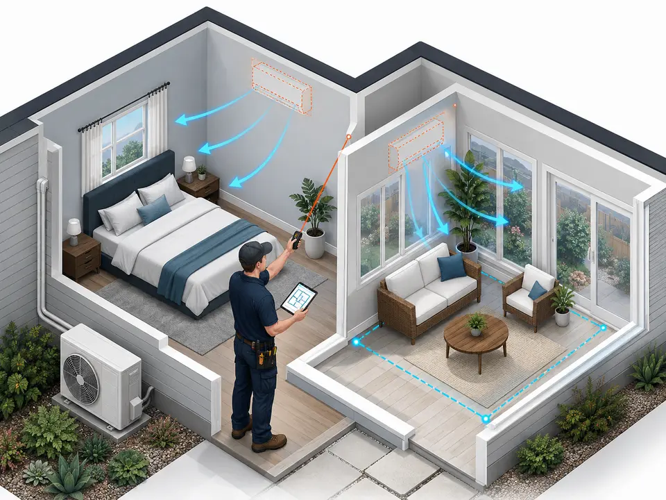 Technician assessing room loads and ductless mini split zone locations