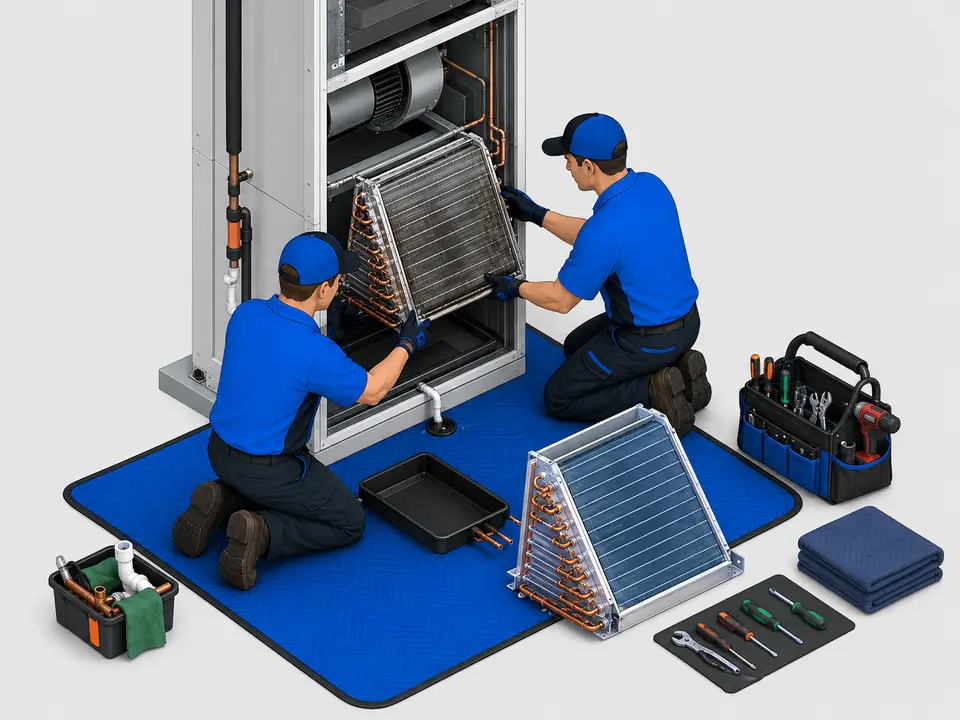 Technicians replacing a leaking residential AC evaporator coil