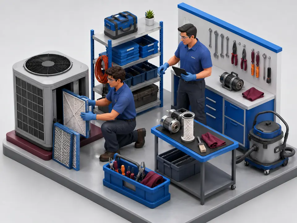 First-year HVAC apprentice learning safe service work beside an experienced technician