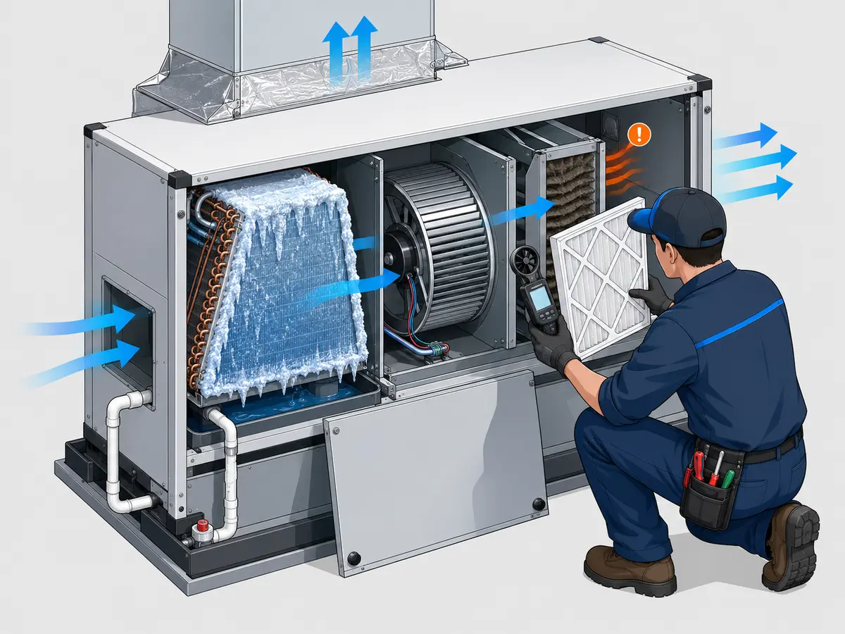 Frozen evaporator coil and restricted airflow being diagnosed