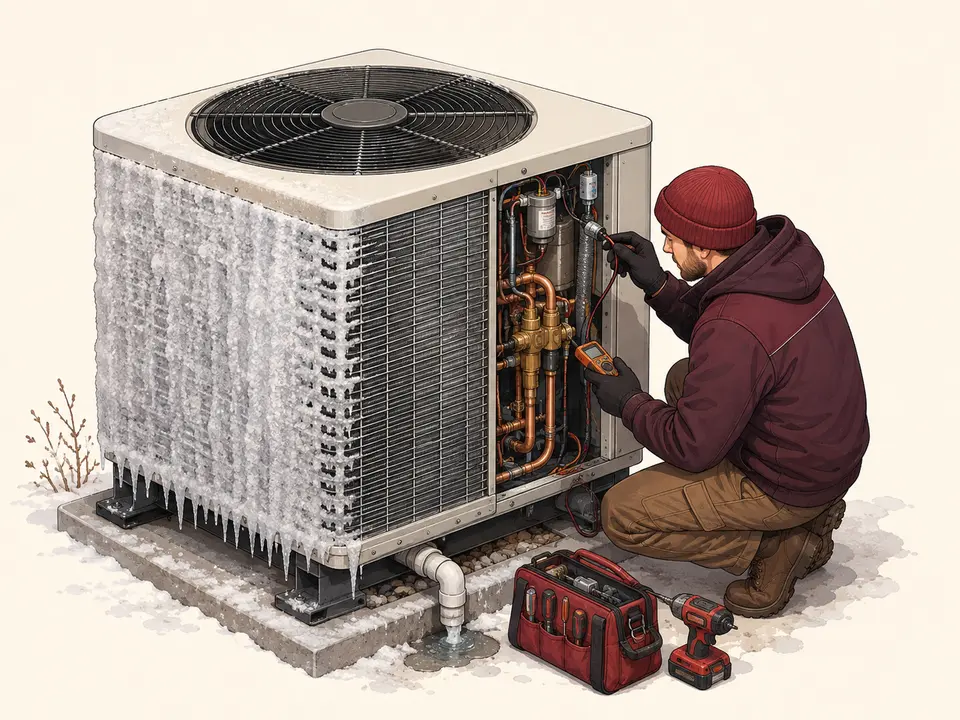 Frozen outdoor heat pump coil and defrost system diagnosis
