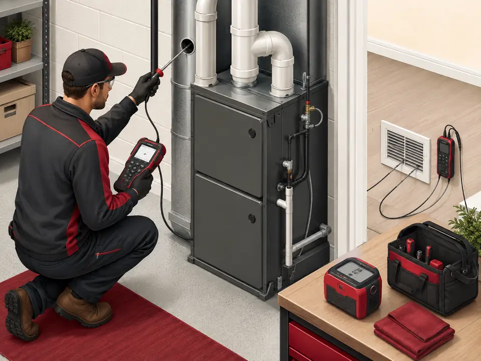 Technician testing furnace combustion carbon monoxide temperature and airflow after repair