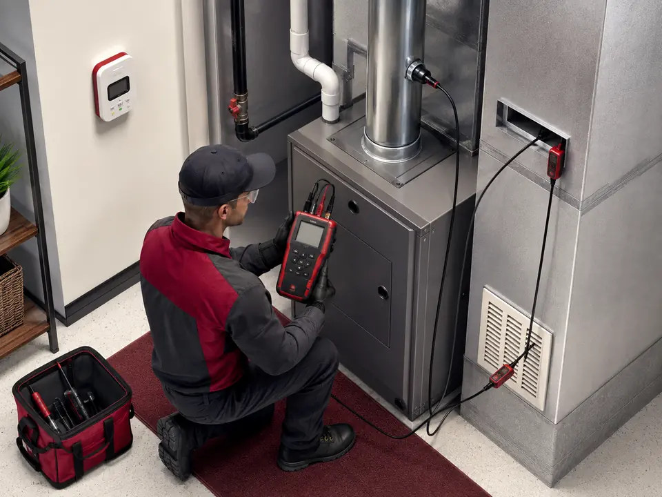Furnace combustion carbon monoxide temperature and airflow maintenance testing