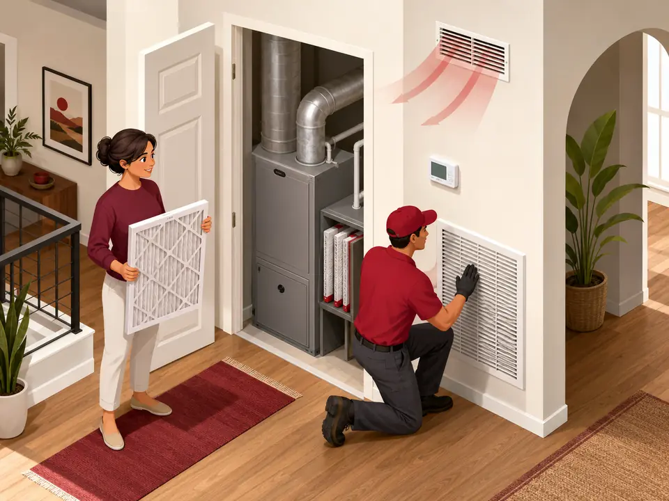 Furnace filter replacement with thermostat return and supply airflow inspection