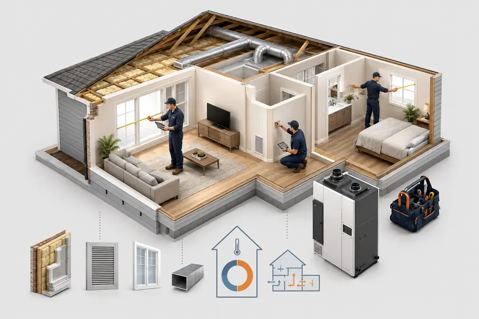 Technicians performing a furnace load calculation and home heating assessment