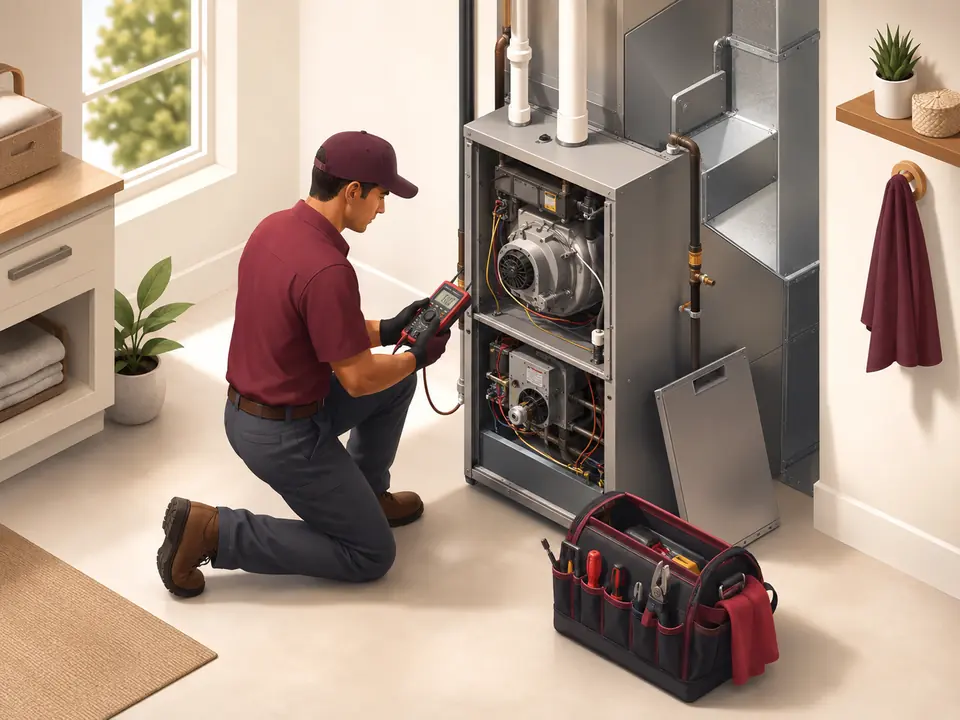 Technician performing annual furnace maintenance and tune-up in a California home