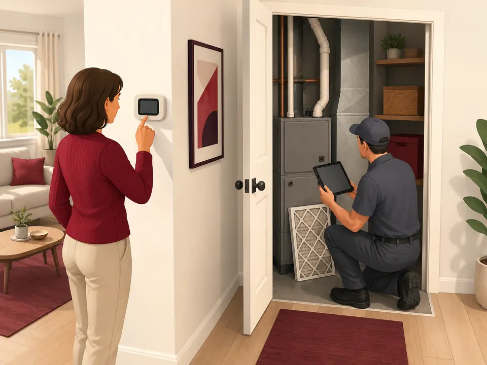 Homeowner checking a thermostat while a furnace repair technician diagnoses a no heat complaint
