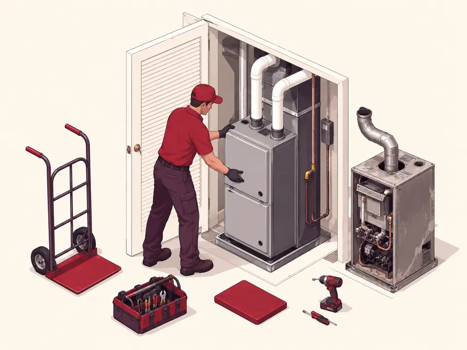 Technician removing an old furnace and installing a new replacement furnace