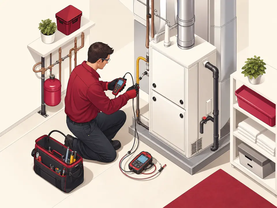 Technician commissioning a furnace replacement with combustion and airflow instruments