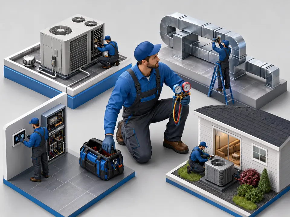 HVAC technician managing technical and physical demands during a service call