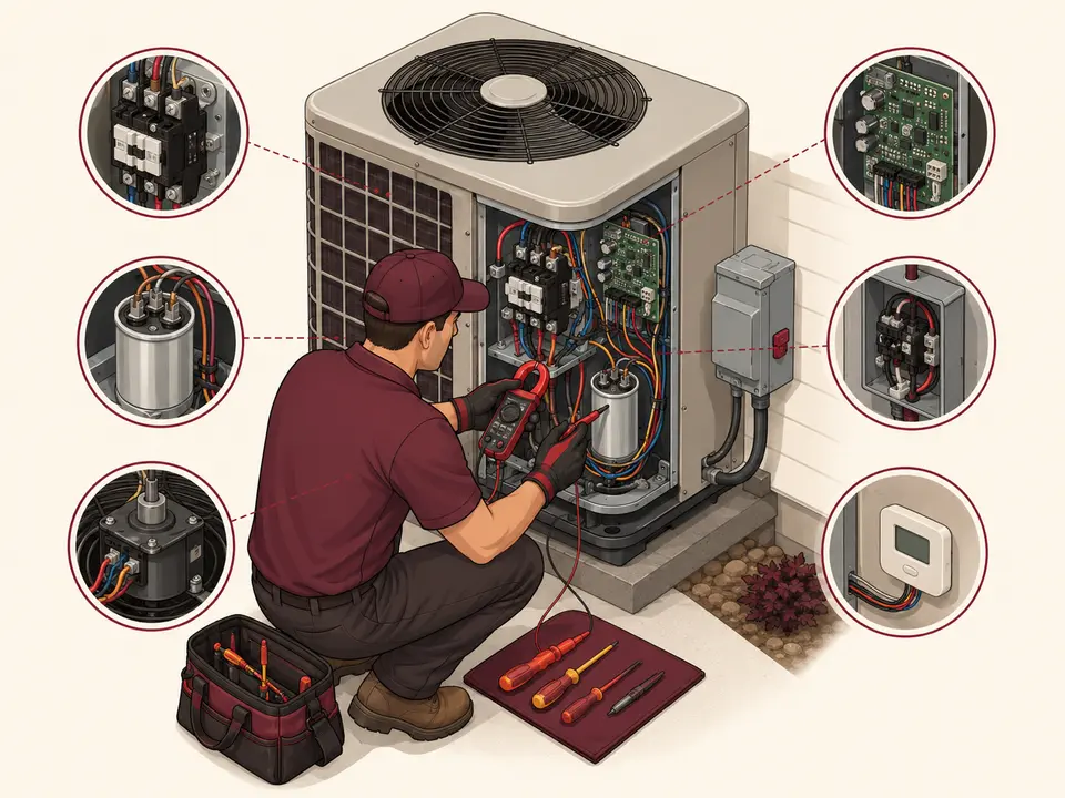 Heat pump electrical diagnosis of capacitor contactor board motor and thermostat