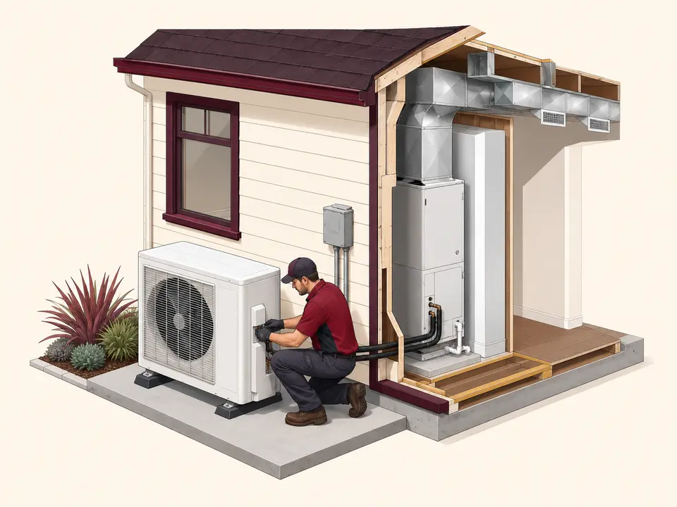Technician installing a ducted air-source heat pump system at a California home