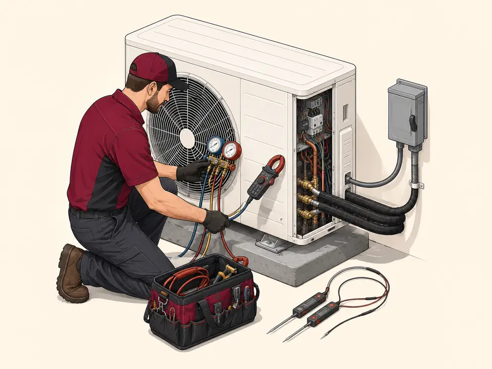 Heat pump commissioning with refrigerant airflow electrical and temperature testing