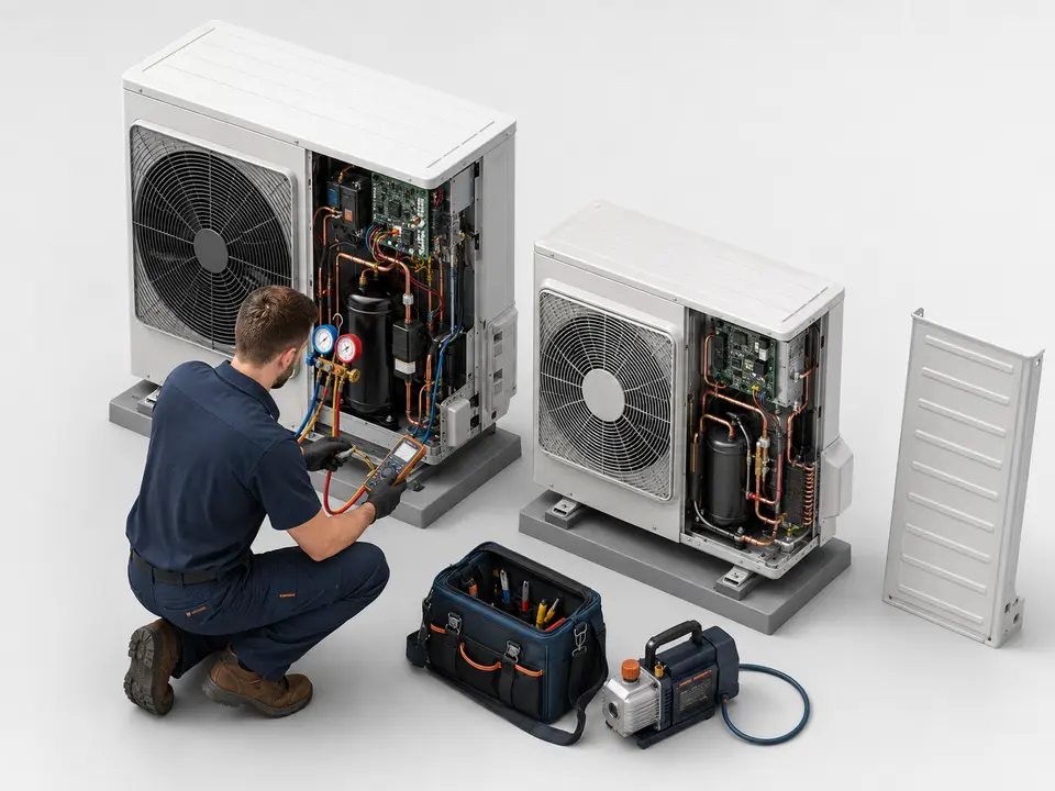 Technician comparing heat pump and mini split compressor repair diagnostics