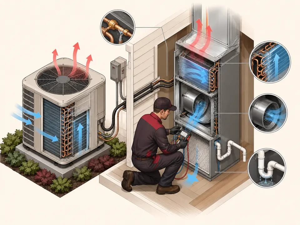 Heat pump airflow refrigerant temperature and drainage performance verification