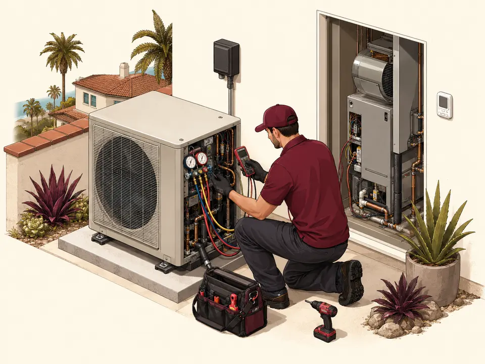 Technician diagnosing an outdoor heat pump and indoor air handler in California