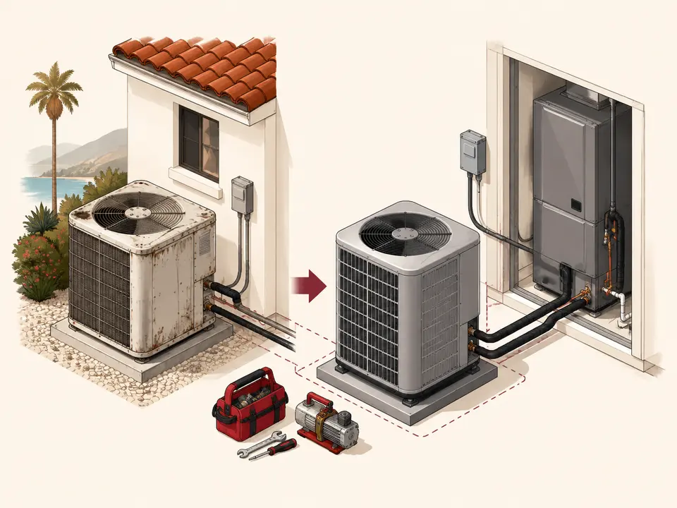 Old heat pump replaced with a matched outdoor unit and indoor air handler in California