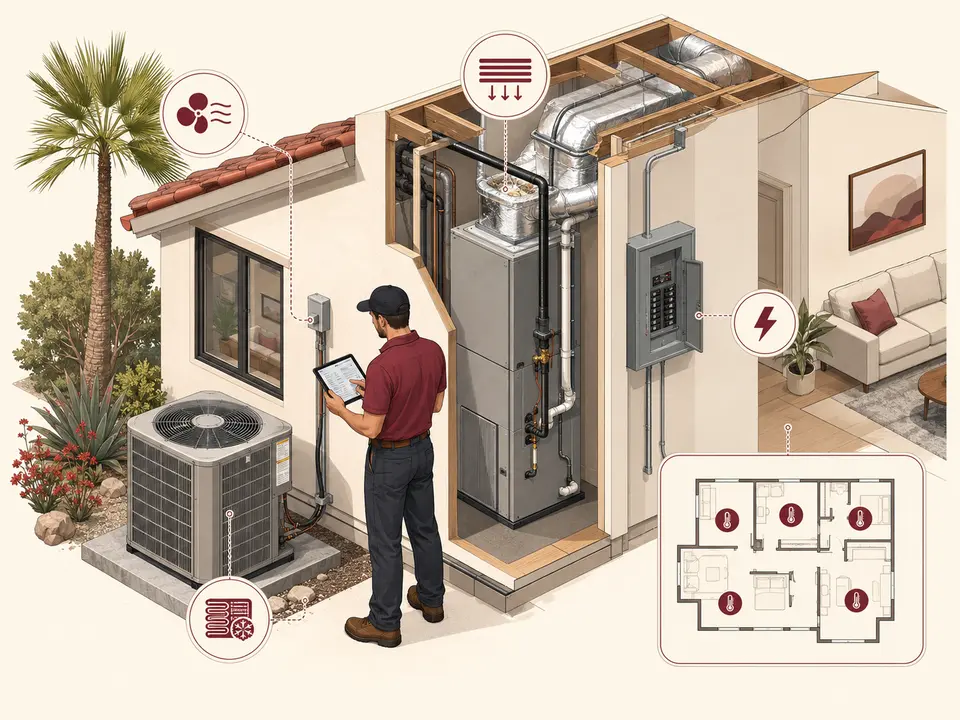 Technician assessing heat pump ducts electrical panel and room loads before replacement
