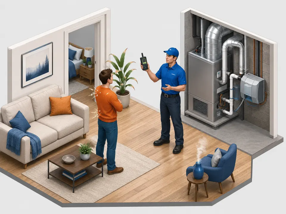 Technician measuring indoor humidity before installing a whole-home humidifier
