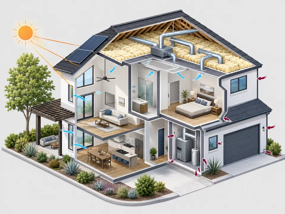 Home cutaway showing insulation windows sun exposure ductwork and air leakage