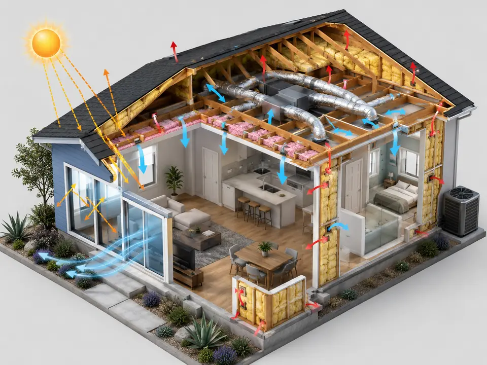 California home cutaway showing factors that affect HVAC tonnage