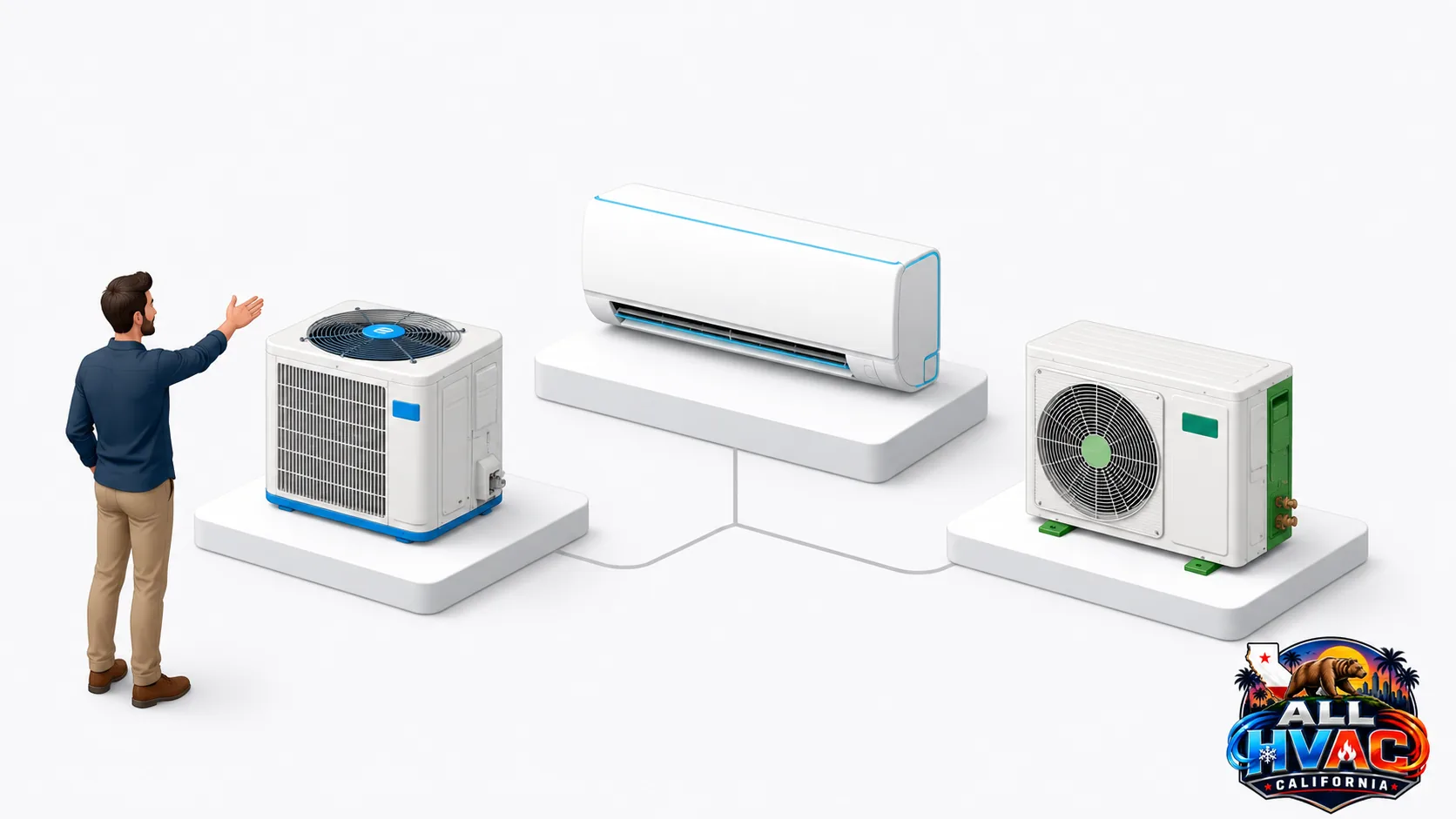 Homeowner comparing central ac, ductless mini split and heat pump system options