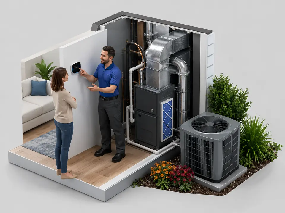 Homeowner thanking an HVAC technician after clear and trustworthy service