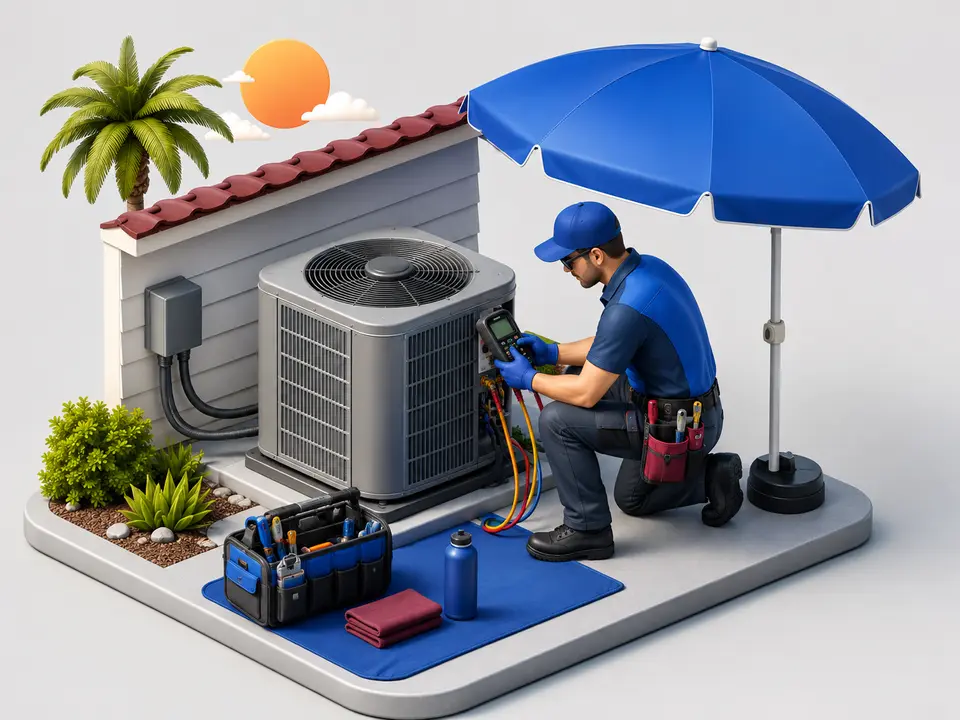 HVAC technician handling a service call during hot California weather