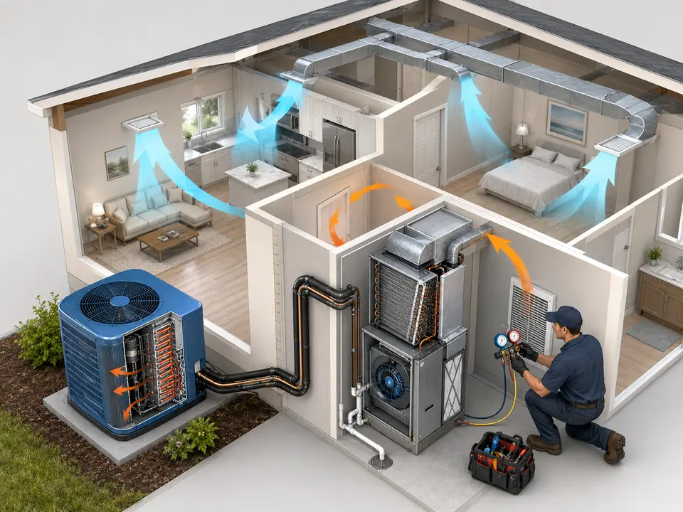 Isometric home showing an outdoor condenser, indoor evaporator coil, refrigerant lines, and cool airflow