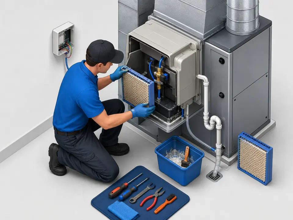 Whole-house humidifier water panel valve drain and control service