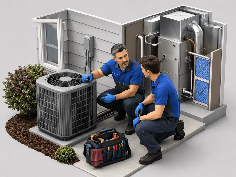 Experienced HVAC technician mentoring an apprentice during hands-on training