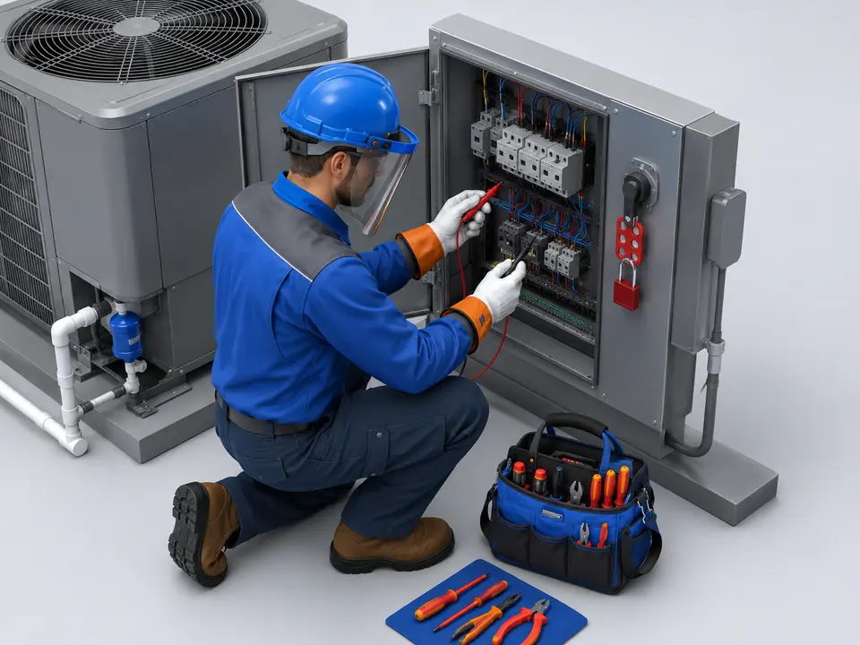 HVAC technician applying electrical lockout safety before equipment service