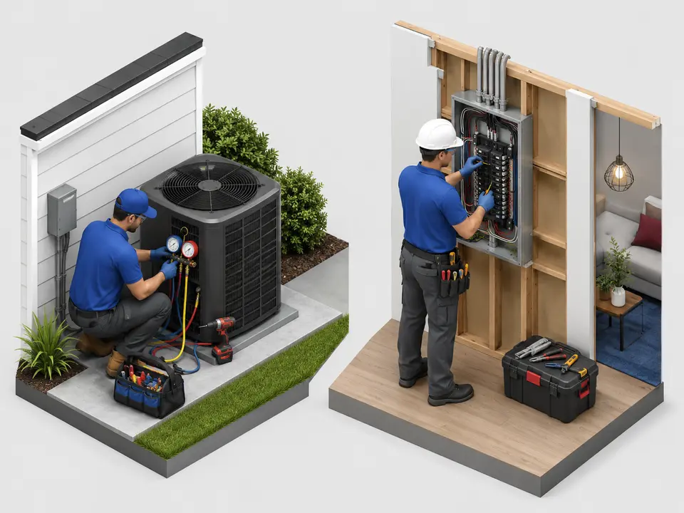 HVAC technician and electrician comparing their daily skilled trade work