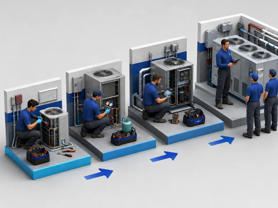 HVAC pay progression from entry level through experienced technician roles