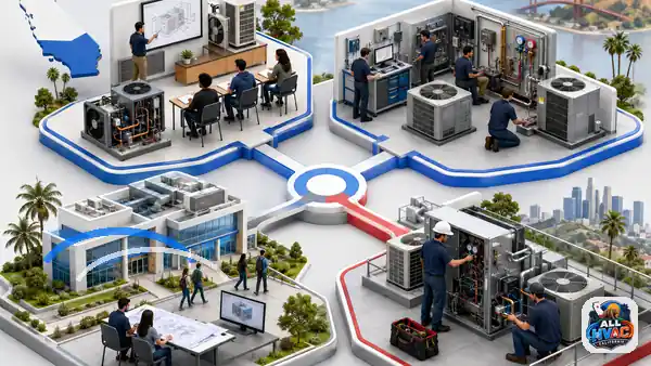 Animated HVAC technician reviewing education options beside an air conditioner