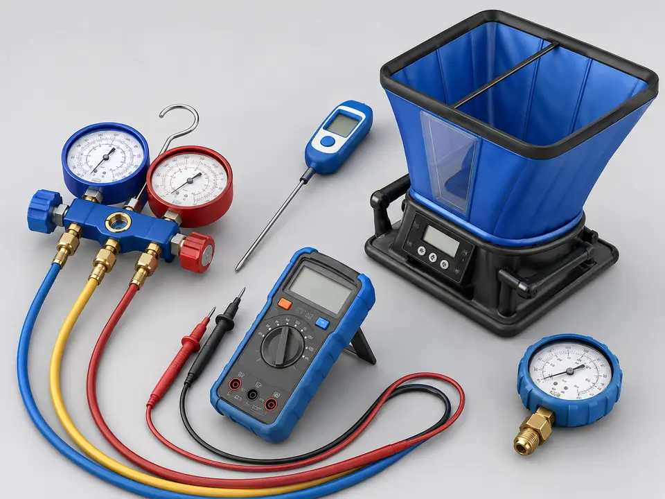HVAC trainee reading gauges and electrical meter values during lab practice