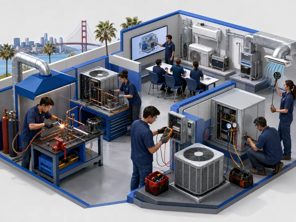 California HVAC students practicing installation and diagnostics in a lab