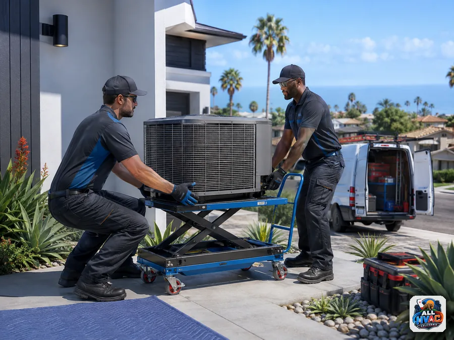 HVAC technicians moving equipment with a lift cart