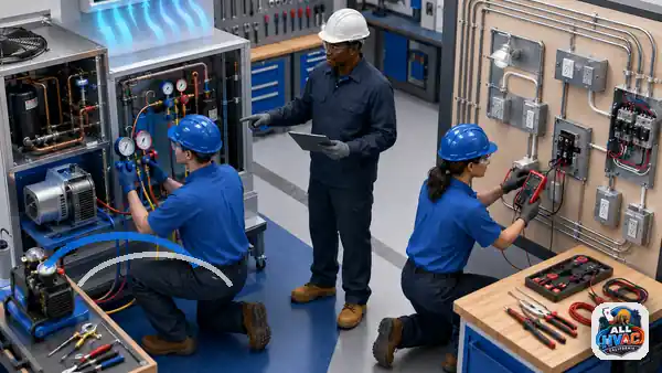 Animated HVAC technician and electrician reviewing tools and training