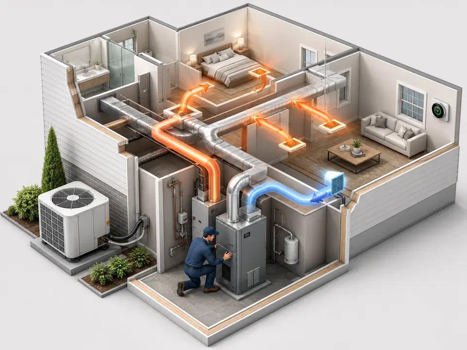 Furnace, heat pump, blower, and ducts inside a home heating system