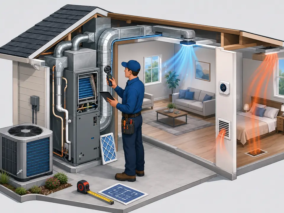HVAC contractor assessing a California home for system size airflow and equipment matching
