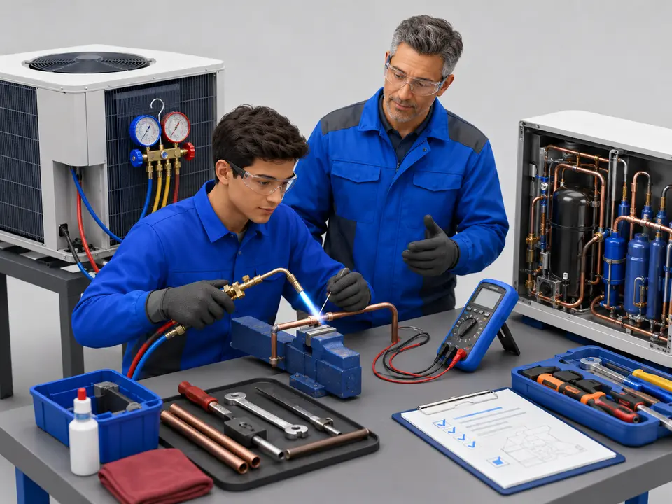 HVAC students practicing safe testing and repair skills in a lab