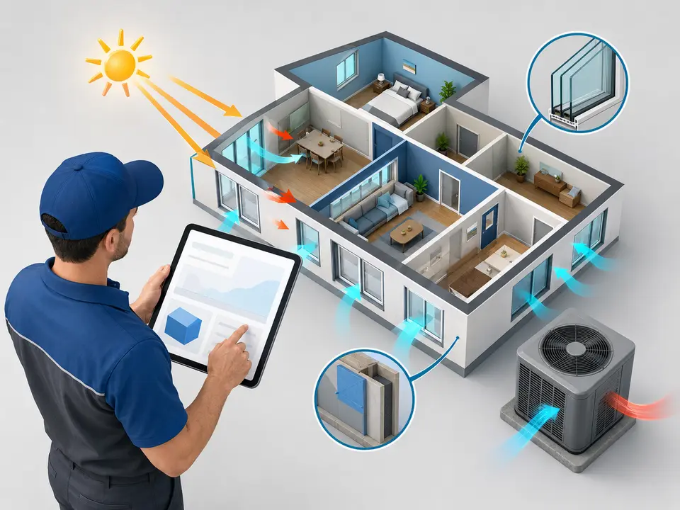 HVAC student reviewing a residential heating and cooling load calculation