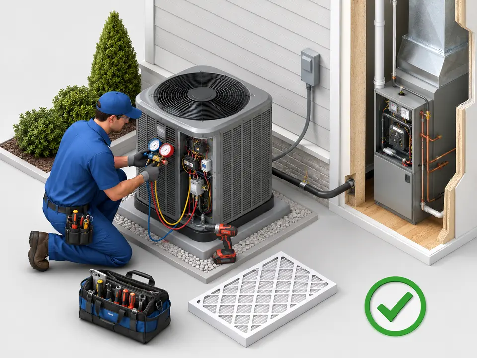 HVAC technician servicing an outdoor condenser with gauges, tools, filter, and indoor air handler
