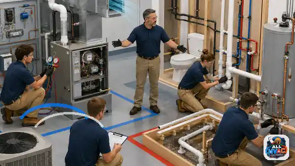 Animated HVAC technician and plumber inspecting home systems