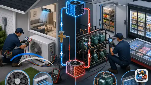 Animated technician comparing HVAC and refrigeration equipment
